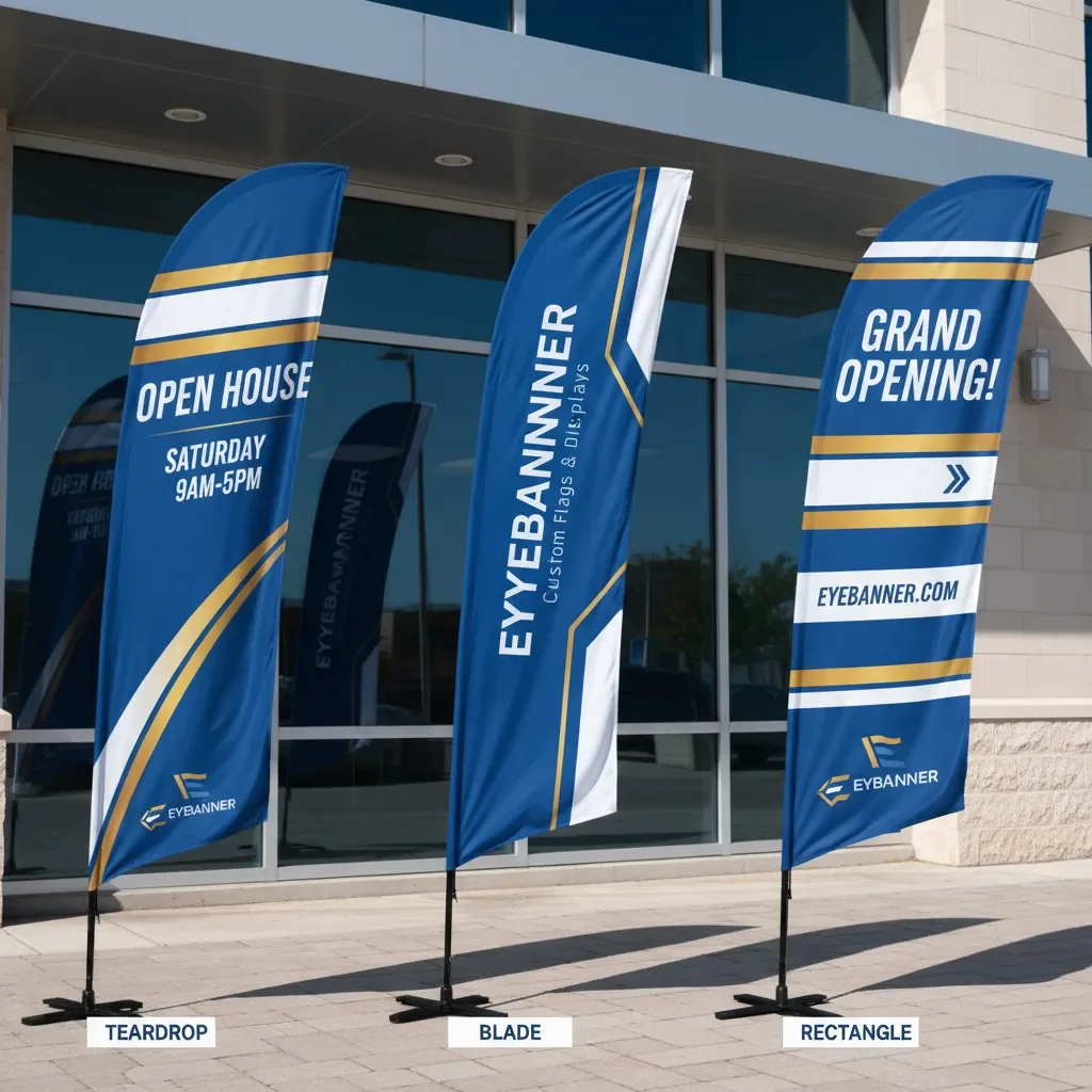 teardrop blade rectangle feather flag types displayed outdoors